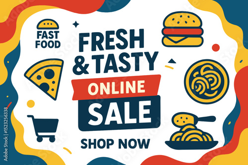 The design of a web banner or social media post for a fast food restaurant business often includes an abstract background, along with a logo and icon, to advertise online promotions for fresh pizza