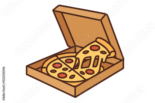 Hot Italian fast food is exemplified by pizza in a cardboard box, complete with a slice of melting cheese, within an open carton delivery package containing takeaway fastfood pieces, shown as a flat