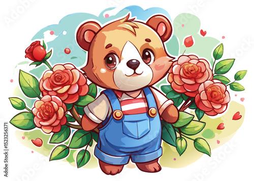 Teddy Bear Holding Roses SVG – Watercolor Romantic Clipart for Valentine’s Day, Nursery Decor, and Greeting Cards