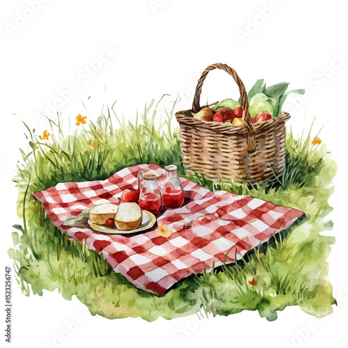 Picnic Blanket Spring Meadow, watercolor clipart vector, high quality, isolated on a white background.