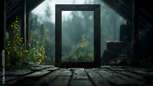 Antique Frame In Dark Attic With Forest View