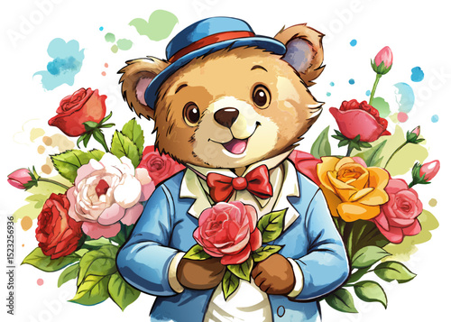 Teddy Bear Holding Roses SVG – Watercolor Romantic Clipart for Valentine’s Day, Nursery Decor, and Greeting Cards