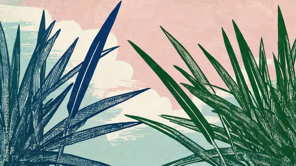 Abstract foliage illustration with green and blue plants against pastel sky  