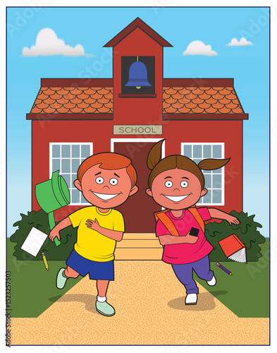 Children running from school on their last day.