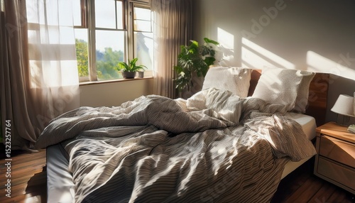 unmade bed in a room with rumpled bed messy disheveled bedroom interior home decor linens rumpled undone laziness