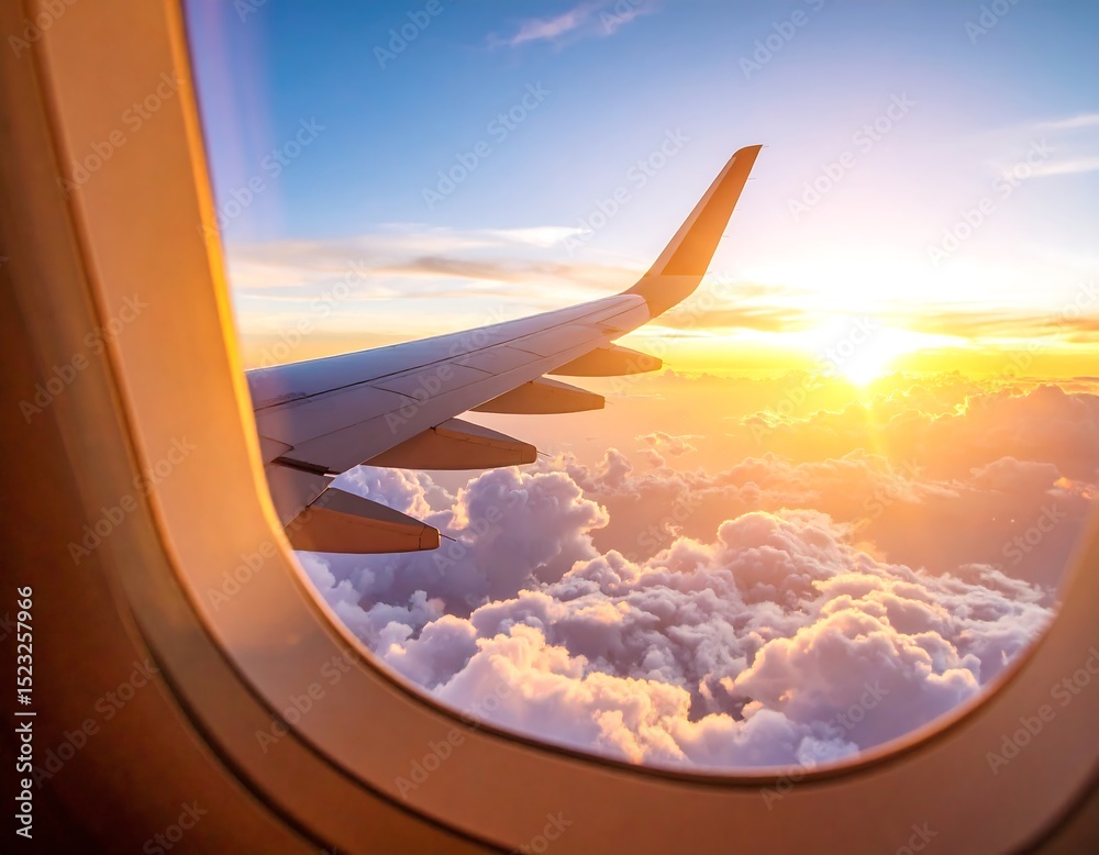 Fototapeta premium Airplane wing view from window at sunset
