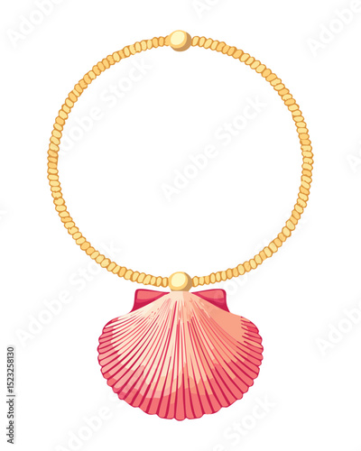 Golden Beaded Necklace Red Seashell Charm