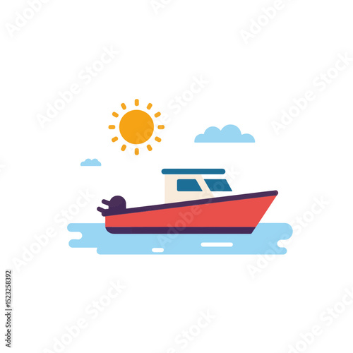Illustration of a colorful fishing boat sailing on calm blue waters under a bright sun and fluffy clouds, vibrant concept of travel or marine services