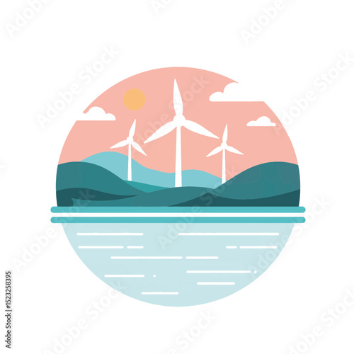 Modern illustration of wind turbines on hills under a pastel sky, representing renewable energy with a calm water body in the foreground, eco-friendly concept of energy companies
