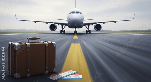 Airplane on a runway with a suitcase and boarding passes in the foreground.