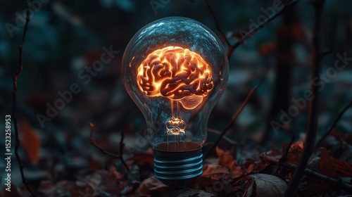 Brain-shaped lightbulb glows in a dark forest, surrounded by foliage on a blurred background
