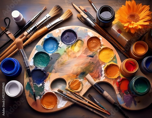 art supplies including brushes paints and palettes arranged in an artistic layout ideal for creative projects and inspiration