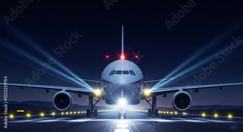 Front view of a commercial airplane on a runway at night with bright headlights and navigation lights.