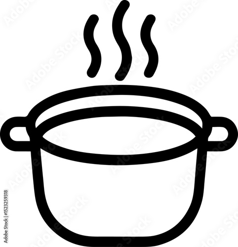 Cast Iron Pot Icon — Rustic Open Pot with Rising Steam, Black and White Vector