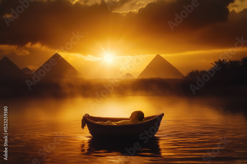 Baby Moses Floating in Basket Against Pyramids of Egypt, Bible Concept