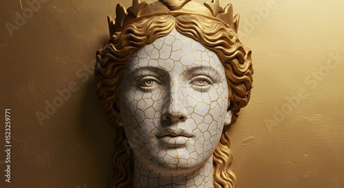 Cracked Marble Bust of Queen with Golden Crown - Antique Sculpture Headshot on Gold Background