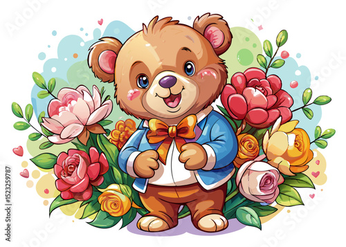 Teddy Bear Holding Roses SVG – Watercolor Romantic Clipart for Valentine’s Day, Nursery Decor, and Greeting Cards
