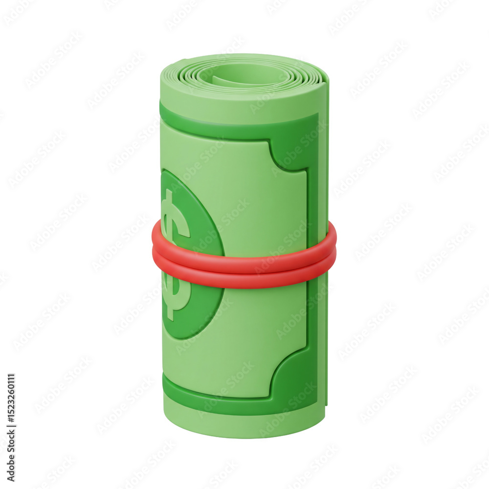 Obraz premium 3D Render Icon of a Rolled Stack of Money Bills Tied with a Red Rubber Band