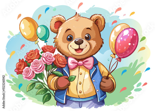 Teddy Bear Holding Roses SVG – Watercolor Romantic Clipart for Valentine’s Day, Nursery Decor, and Greeting Cards