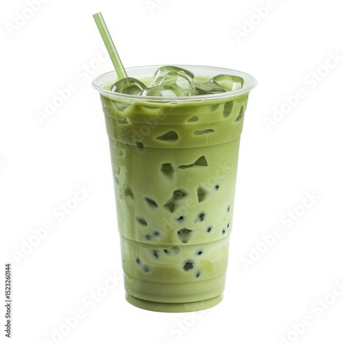 Iced matcha latte drink beverage on white background