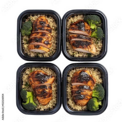 Chicken meal prep containers isolated on white background