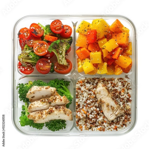 Healthy meal prep container food on white background