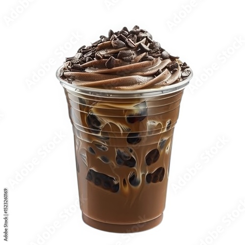 Chocolate iced coffee drink closeup on white background