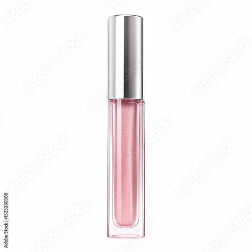Pink shimmer lip gloss in clear tube with silver cap, isolated on white background.