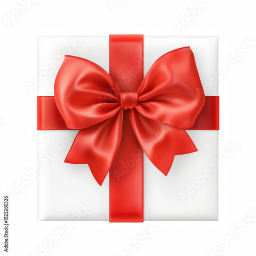 White gift box with red satin ribbon and bow, top view, isolated on white background. photo