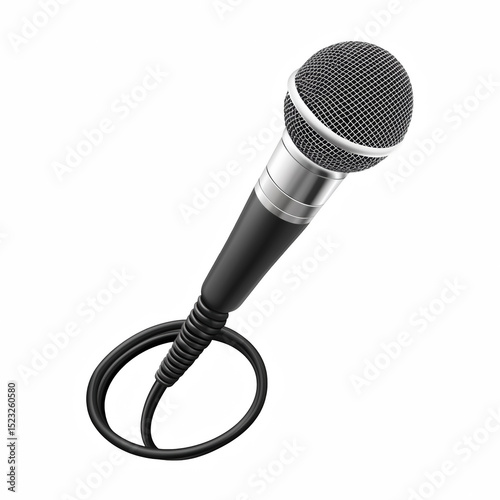 Realistic handheld wired microphone with black cable, isolated on white background.