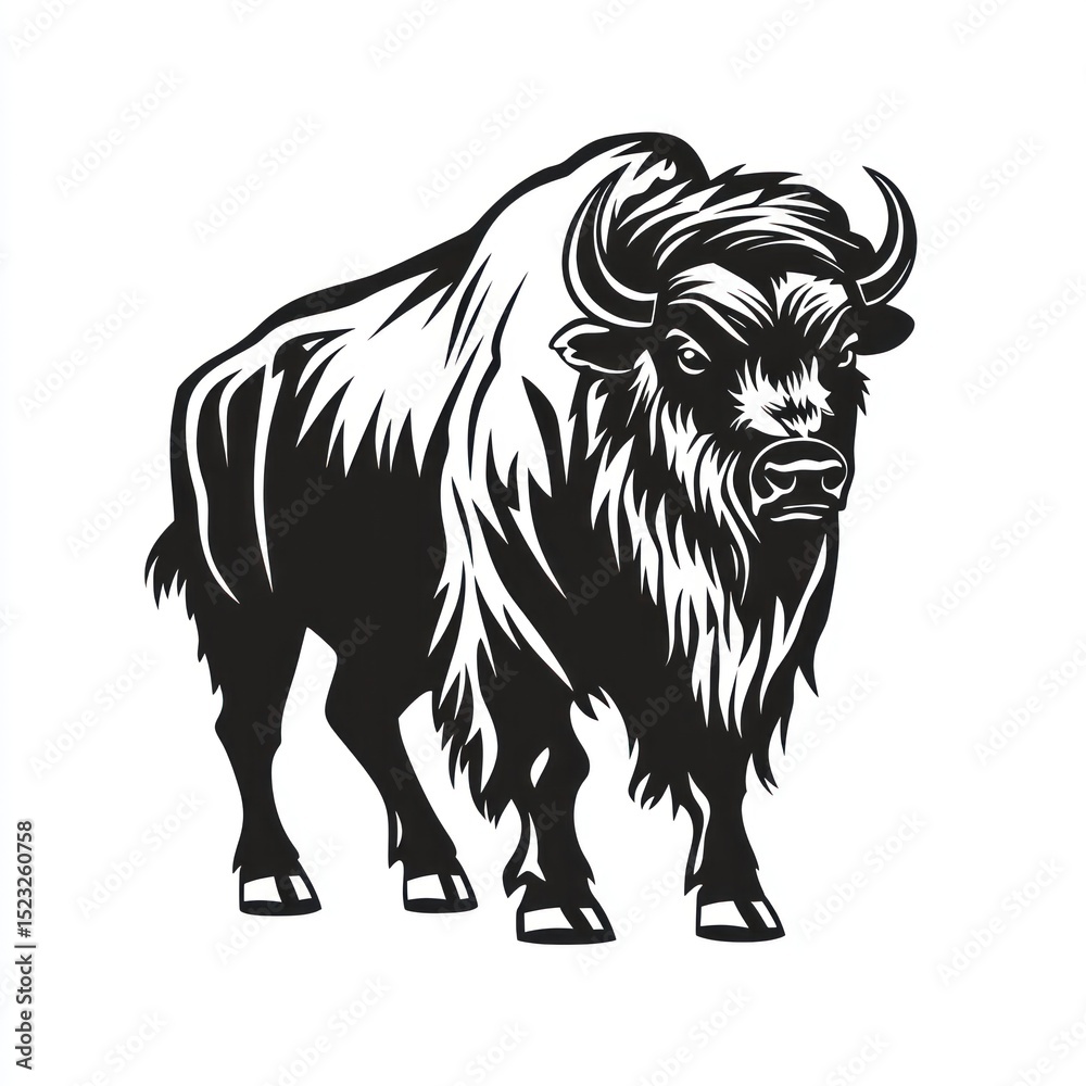 Obraz premium Bold black and white illustration of a bison. Mature, powerful animal with shaggy fur, large horns, and a determined stance. Strong, stylized graphic design