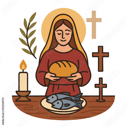 Saint Martha holding bread with fish on table, Christian holiday illustration in flat vector style, religious celebration with cross and candle