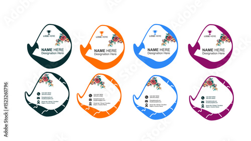 A unique type of business card, designed in four colors with a curved stroke behind a white background. An editable AI file is included.