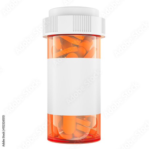 Prescription pill bottle filled with pills with blank white label. 3D rendering isolated on transparent background