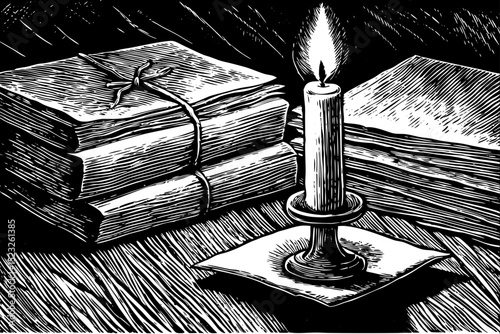 Black and white sketch vector of a candle burning on a stack of old letters with wax seal