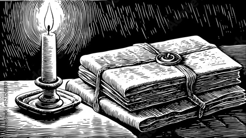 Black and white sketch vector of a candle burning on a stack of old letters with wax seal