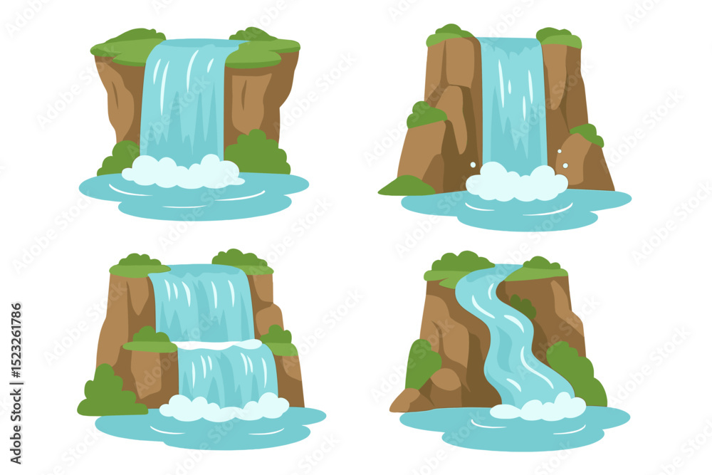 Vector illustration of a cartoon waterfall set featuring natural water streaming down a mountain cliff into a river cascade