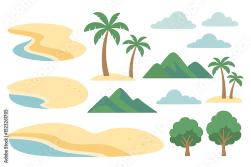 A constructor for beach landscapes, featuring sandy beaches, tropical palms, mountains, and hills, along with an ocean horizon, clouds, and green trees in a cartoon vector illustration set