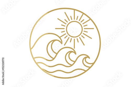 A circular design featuring ocean water waves and sun, rendered in a gold line art style, ideal for logos and icons