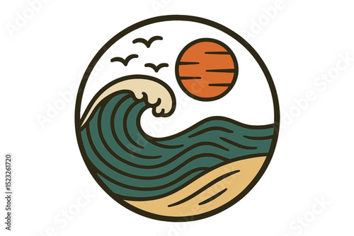 Summer vacation and holiday logo design featuring ocean sea wave birds sun for surf beach in a vintage hipster line art style with label and stamp
