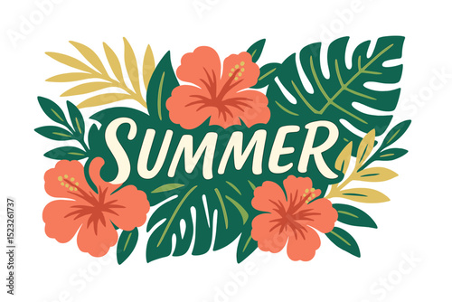 A tropical summer design featuring exotic palm leaves, hibiscus flowers, and handlettering, suitable for banners or flyers