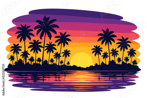 Vector banner illustration featuring a colorful tropic sunset view with palm trees forest silhouettes and calm ocean water reflection
