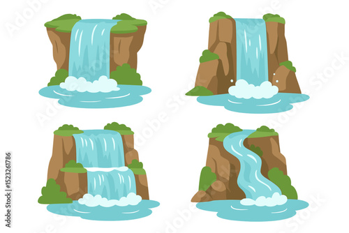 Vector illustration of a cartoon waterfall set featuring natural water streaming down a mountain cliff into a river cascade