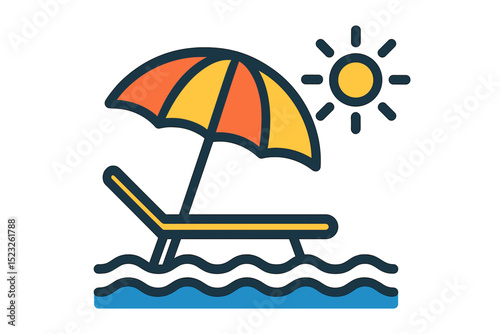 Vector icons for vacationers, including a set of beach umbrella and chair, isolated on a white background with sunbed and umbrella near the sea