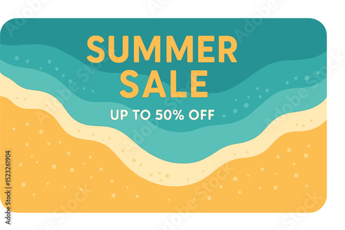 Vector illustration of a summer sale banner set against a top view backdrop of summer beach waves