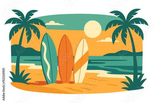 A vector panoramic landscape featuring surfboards on the beach with palm trees
