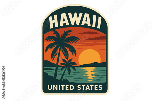 A vintage travel poster or sticker featuring the United States, specifically a Hawaiian sunset and palm trees