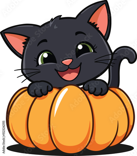Adorable Black Cat Sitting on Pumpkin – Halloween Cartoon Animal Illustration