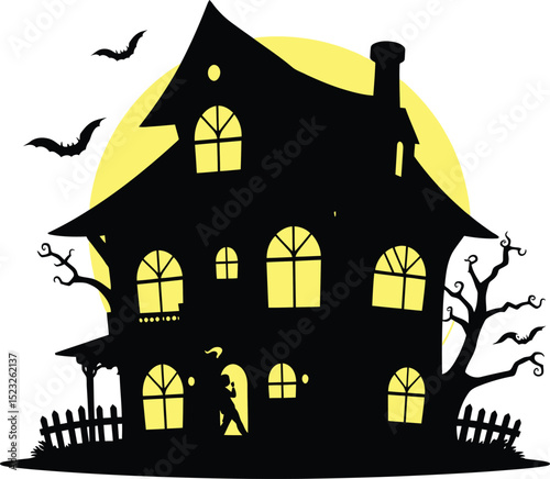Haunted House Silhouette – Spooky Halloween Vector with Bats, Full Moon, and Creepy Trees