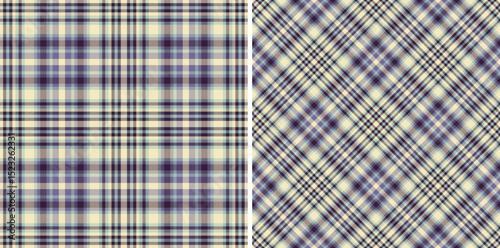 Elegant duo of seamless plaid patterns.  Subtle color palette in creamy beige, soft purple, and dark grey creates a versatile design perfect for apparel, textiles, packaging, or website backgrounds.